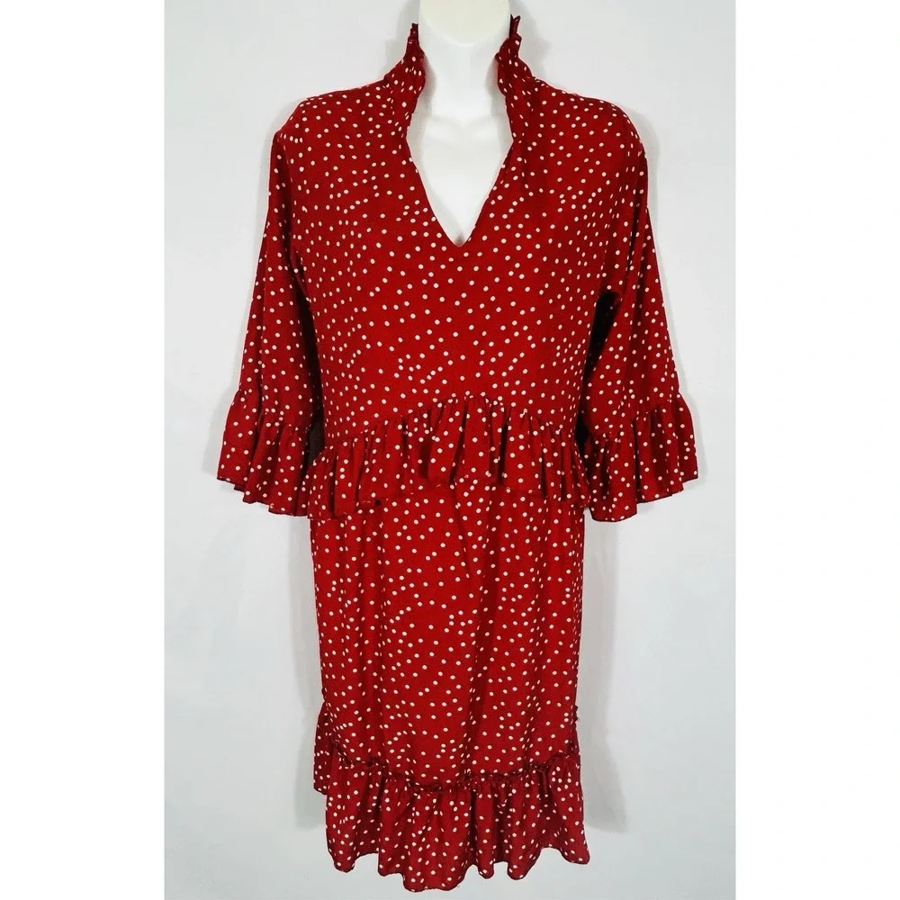 Unbranded Red Polka Dot Ruffle Tiered Dress Size‎ L Plunge Collar Twee Secretary - Picture 3 of 10